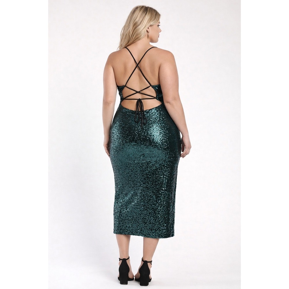 NWT Lulus Sequin Midi Dress‎ XL Teal Lace Up Back Sparkling Party Prom Stretch - Picture 5 of 14